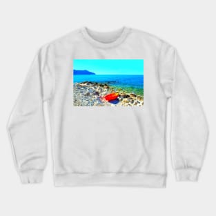 Scene in Spiaggia delle Terrazze with a boat on a rocky beach Crewneck Sweatshirt